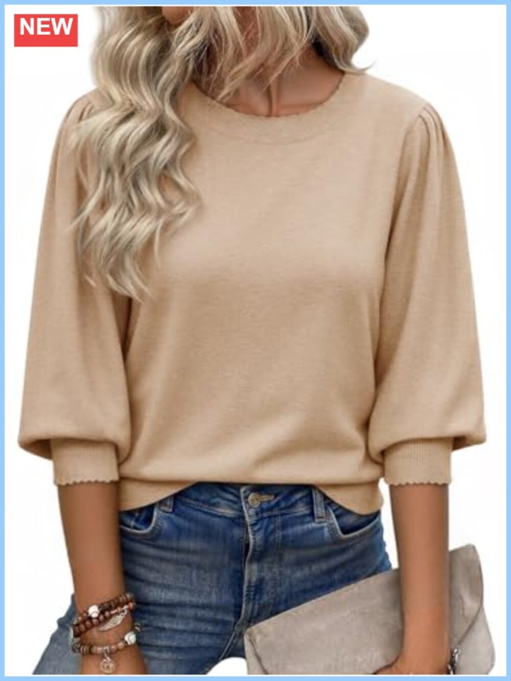 Womens 3/4 Puff Sleeve Scallop Trim Casual Knit Pullover Sweater